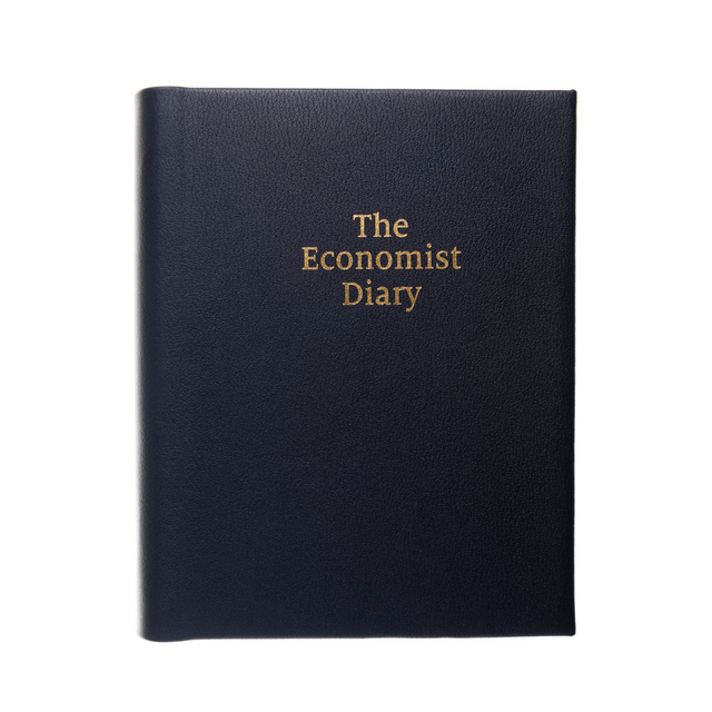 The Economist - 2027 Calendar Year Planner – 12 Month (260 x 210mm) Day-to-Page Diary – Luxury Leather Cover in Blue - The Economist Desk Diary Range (EPADBLU-27)