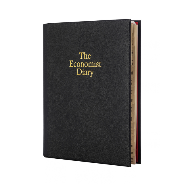 The Economist - 2027 Calendar Year Planner – 12 Month (260 x 210mm) Week-to-View Diary – Luxury Leather Cover in Black - The Economist Desk Diary Range (EDDBLK-27)