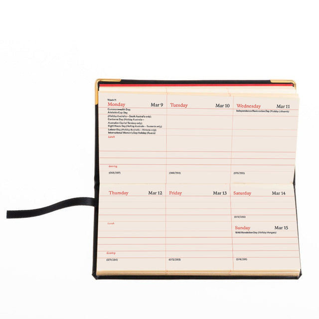 The Economist - 2027 Calendar Year Planner  - 12 Month (120mm x 60mm) Week-to-View Diary - Luxury Italian Leather Cover in Black - The Economist Mini Diary Range (EMDBLK-27)